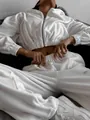 Stylish white velvet two-piece loungewear set with zip-up hoodie and loose pants - S / Top And Bottom / White