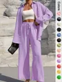 Elegant lavender purple long cardigan and wide-leg pants two-piece set with color swatches - S / Top And Bottom / Violet