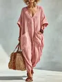 Pink boho cotton linen jumpsuit for women featuring V-neck and oversized front pockets - S / Dresses / Pink
