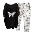 Casual women's two-piece set with black butterfly print top and camouflage pants. - 3XL / Top And Bottom - Butterfly Floral Print Style (134105 Element 15) / Black