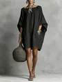 Elegant black loose-fitting batwing sleeve dress in faux linen fabric for a boho look - XS / Dresses / Black