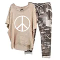 Two-piece casual lounge set for women featuring peace sign t-shirt and camo jogger pants - 3XL / Top And Bottom / Apricot (134105 Element 45)