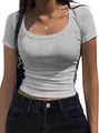 Close-up of grey ribbed knit short sleeve T-shirt showing fit and texture on model. - S / Tops / Gray