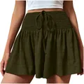 Macro view of olive green smocked waist shorts with decorative drawstring detail - Army Green
