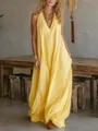 Bohemian loose yellow sleeveless maxi dress with V-neck and pockets for summer vacation - S / Bottoms / Yellow
