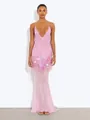 Elegant pink sequined V-neck mermaid maxi dress with mesh hem detail - S / Dresses / Pink