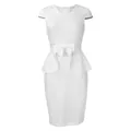 Close-up detail of a white peplum pencil dress featuring an elegant waist bow accent. - S / Dresses / White