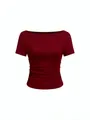 Gedetailleerd vooraanzicht bordeauxrode top met korte mouwen, boothals en plooien - S / Tops / T-Shirts / Bordeauxrood