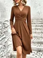 Brown V-neck long sleeve midi dress with elegant waist cross pleats - S / Dresses / Brown