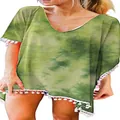 Πράσινο σιφόν φόρεμα παραλίας tie-dye με κομψά λευκά φουντάκια στην άκρη του. - S / Tops / Πράσινο Tie Dye