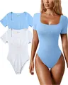 Women's ribbed light blue short sleeve square neck yoga workout bodysuit leotard - S / Tops / Light Blue