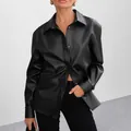 Retro black PU leather shirt jacket for women with a high-end minimalist aesthetic style - S / Tops / Black
