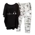 Stylish women's 2-piece casual leisure set with heartbeat print tee and camouflage pants - 3XL / Top And Bottom - ECG and Headphones Print Style (134105 Element 16) / Black