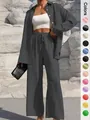 Women's elegant solid color two-piece set with button-down shirt and wide-leg pants. - S / Top And Bottom / Gray