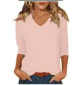 Casual women's pink V-neck T-shirt with comfortable three-quarter sleeves - Light Pink