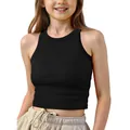 Close-up of children's black ribbed sleeveless crop top on a young girl model - S / Tops / Black