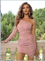 Stijlvolle roze lovertjes bodycon mini-jurk met één schouder en lange mouwen - Roze