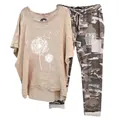Women's two-piece casual set with a dandelion print t-shirt and camouflage pants outfit - 3XL / Top And Bottom / Apricot (134105 Element 47)