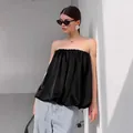 Elegant black satin strapless tube top with a loose, puffed bubble hem for summer. - S / Tops / Black