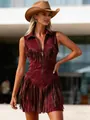 Sleeveless burgundy suede mini dress featuring western fringe and zipper detail - S / Dresses / Burgundy
