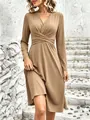 Elegant khaki V-neck long sleeve crossover midi dress with pleated waist detail for women - S / Dresses / Khaki