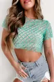 Close-up detail of turquoise mesh crop top featuring an elegant pearl bead diamond grid - S / Tops / Green