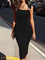 Elegant black bodycon sleeveless dress with an asymmetric neckline and gold ring detail. - S / Dresses / Black