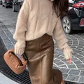Beige chunky cable knit crewneck sweater for autumn and winter outfits - One Size / Tops / Milk Camel