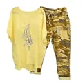 Casual women's 2-piece clothing set featuring yellow printed T-shirt and camouflage pants - 3XL / Top And Bottom / Yellow (Feather & Floral Print)