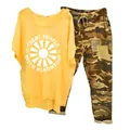 Fashionable casual two-piece set featuring yellow graphic T-shirt and camouflage pants - 3XL / Top And Bottom / Yellow (Element 43)