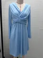 Elegant light blue V-neck long sleeve midi dress with stylish wrap waist detail - S / Dresses / Light Blue