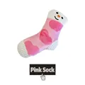 Macro detail of a pink plush pet toy sock featuring heart patterns and snowman face - Socks Design / Pink Heart