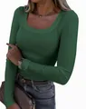 Detailed view of dark green ribbed slim fit long sleeve T-shirt with elegant scoop neck - M / Tops / Dark Green