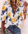 Women's casual summer floral print blouse featuring a V-neck and button-down front - Ink Flower