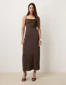 Full view of elegant cowl neck satin maxi dress in chocolate brown finish - S / Dresses / Coffee