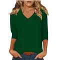 Detailed view of a dark green casual women's T-shirt featuring a classic V-neck and 3/4 sleeves - Dark Green