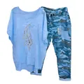 Two-piece casual set featuring a light blue floral t-shirt and blue camouflage trousers - 3XL / Top And Bottom / Blue Feather Floral Print