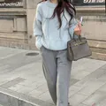 Chunky light blue cable knit sweater with a round neck and soft premium texture - One Size / Tops / Fog Blue