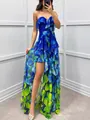 Vibrant floral print strapless mesh maxi dress featuring tiered ruffles and high-low hem - S / Dresses / Blue