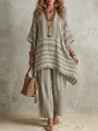 Completo due pezzi con tunica a righe scollo a V e pantaloni a gamba larga - Kaki