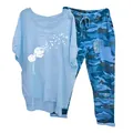 Women's casual two-piece set with dandelion print top and camouflage pants - 3XL / Top And Bottom / Blue (Element 46)