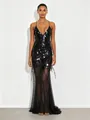 Stunning black V-neck sequined fishtail evening gown with delicate sheer mesh bottom detail - S / Dresses / Black
