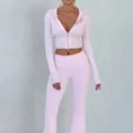 Stylish women's pink slim fit hooded knit top and flared pants fashion two-piece set - S / Top And Bottom / Pink