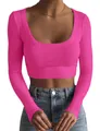 Crop top rose à manches longues et col rond profond en maille côtelée pour femme - Rose rouge