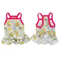 Front and back detail of summer dog dress with vibrant fruit prints and ruffles - XS / Pineapple Banana