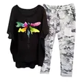 Women's 2-piece casual set with black dragonfly print tee and camouflage pants. - 3XL / Top And Bottom / Black (Element 50)