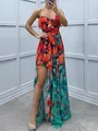 Vibrant floral print strapless mesh maxi dress with ruffles and high slit for summer party - S / Dresses / Green