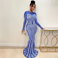 Detailed view of royal blue floor-length evening dress with shimmering silver rhinestones - S / Dresses / Blue