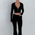 Women's slim-fit black cropped hoodie and flared pants casual two-piece lounge set - S / Top And Bottom / Black