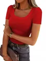 Detail shot of a red ribbed slim fit U-neck T-shirt showing fabric texture. - M / Tops / Red
